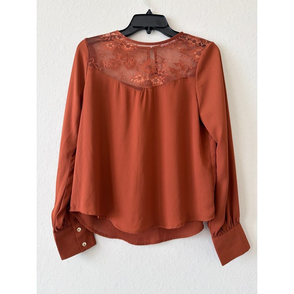 A'gaci Burnt Orange Blouse Top Sheer Lace Yoke Long Sleeves Women’s Medium Y2K